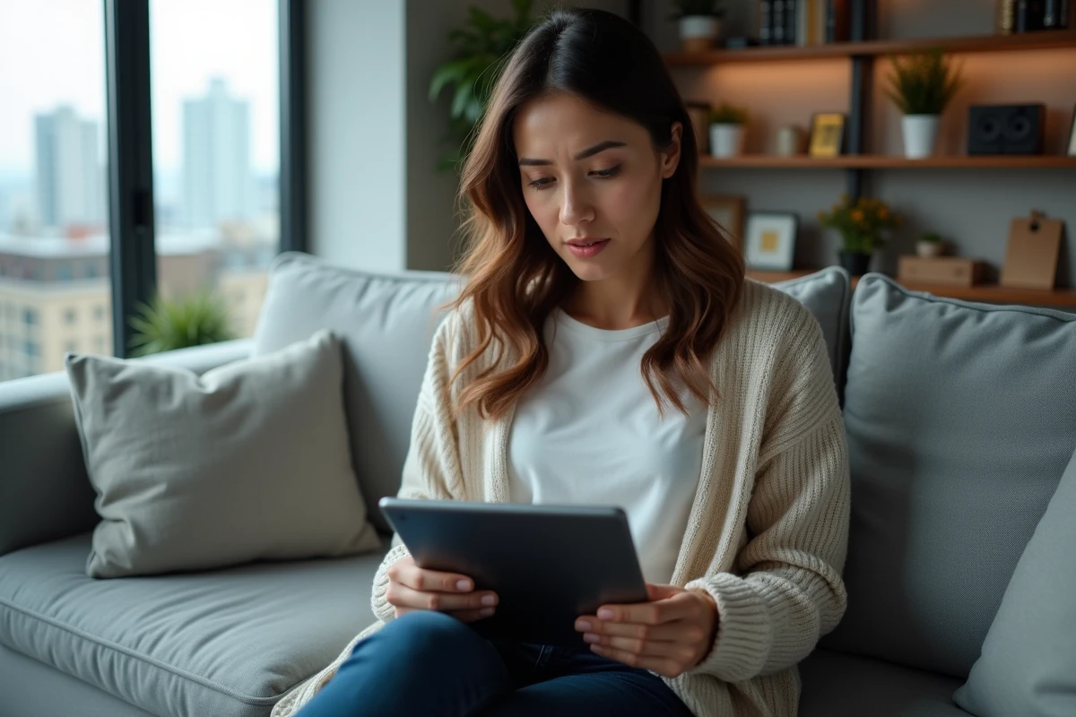 Femme perplexe utilisant une tablette avec erreur serveur dans le salon