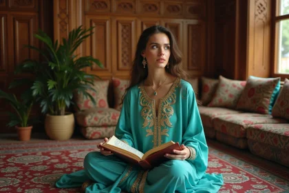 Jeune femme en tenue traditionnelle turquoise et or