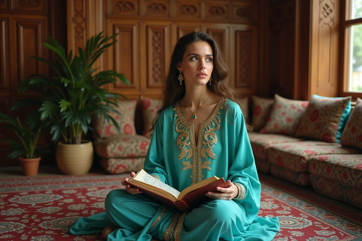 Jeune femme en tenue traditionnelle turquoise et or