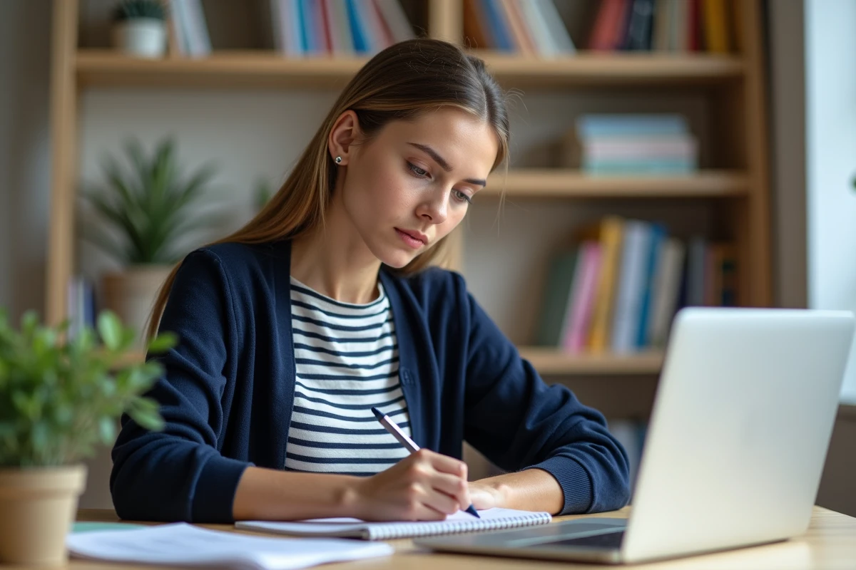 Jeune femme concentrée écrivant dans un carnet dans un bureau moderne