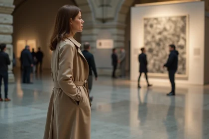 Femme en trench beige contemplant une installation à Montpellier