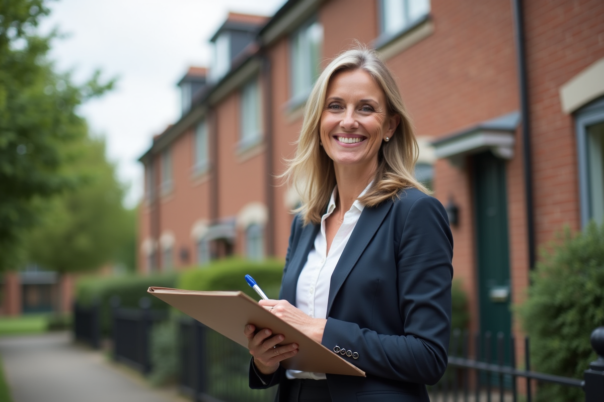 Femme souriante posant devant un immeuble résidentiel