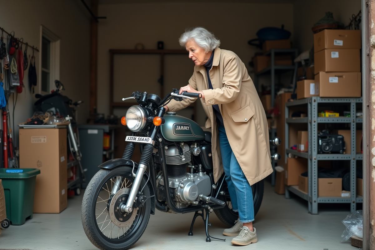 Femme inspecte une moto 125cc dans un garage