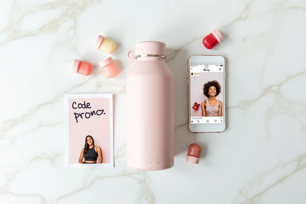 Flat lay d'une bouteille Air Up avec des pods aromatisés et un smartphone affichant un profil d'influenceur et un code promo