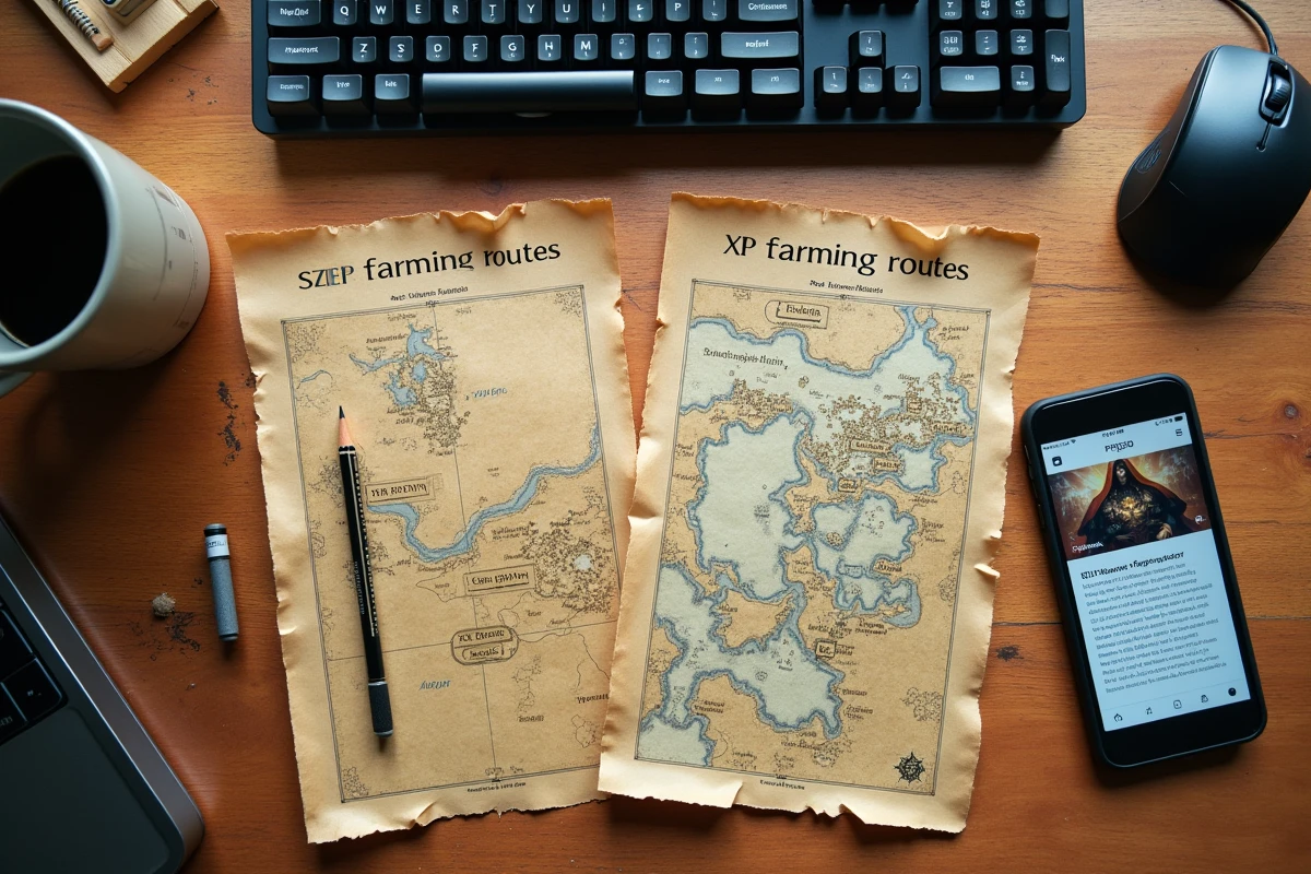 Vue aérienne d'un bureau avec fiches de stratégie XP pour MMORPG fantasy, clavier mécanique, tasse de café et smartphone affichant un wiki de jeu