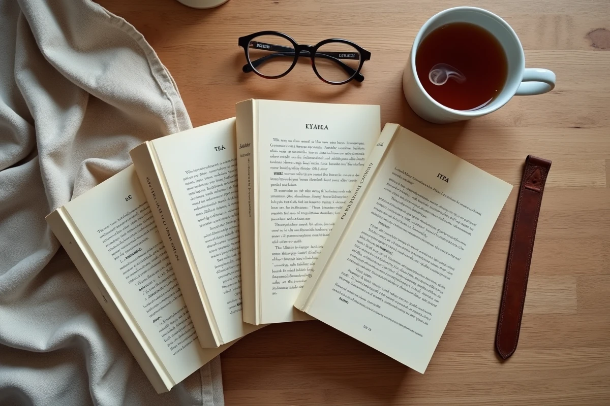 Vue aérienne de cinq livres best-sellers mondiaux posés sur une table en bois avec des lunettes et une tasse de thé