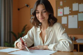 Femme découpant un gabarit de calendrier trimestriel 2026 imprimé pour bullet journal sur un bureau en bois