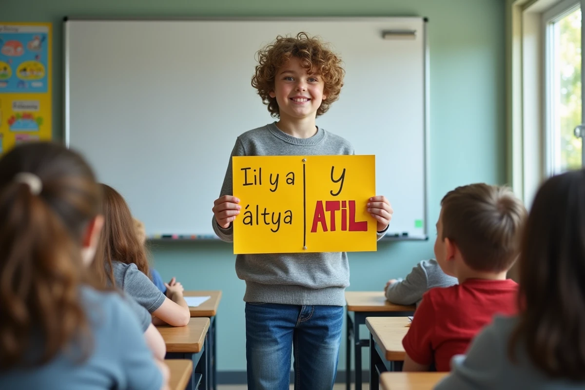 Adolescent montrant une affiche sur le tableau en classe