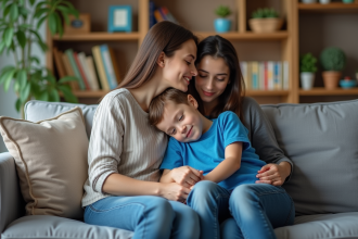 Jeune garçon de 7 ans sur le canapé avec sa mère