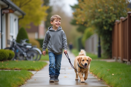 Garçon de 12 ans marchant un petit chien dans un quartier résidentiel