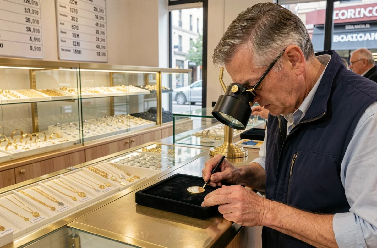 Comptoir d'achat-vente d'or et d'argent chez Godot Et Fils à Lille Gambetta, avec un expert examinant une pièce en or sous loupe
