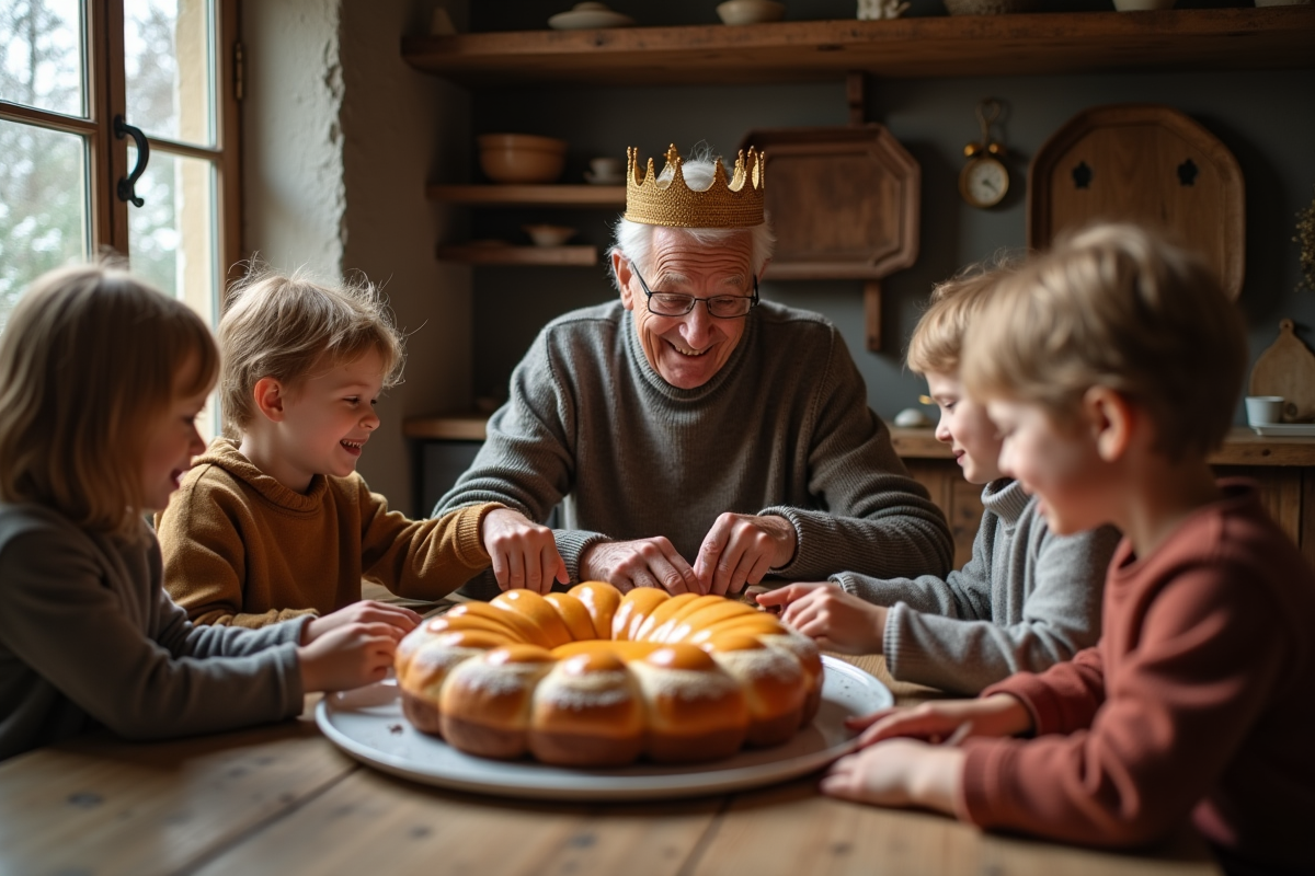 Enfants et grand-pere partageant une galette des rois à la maison