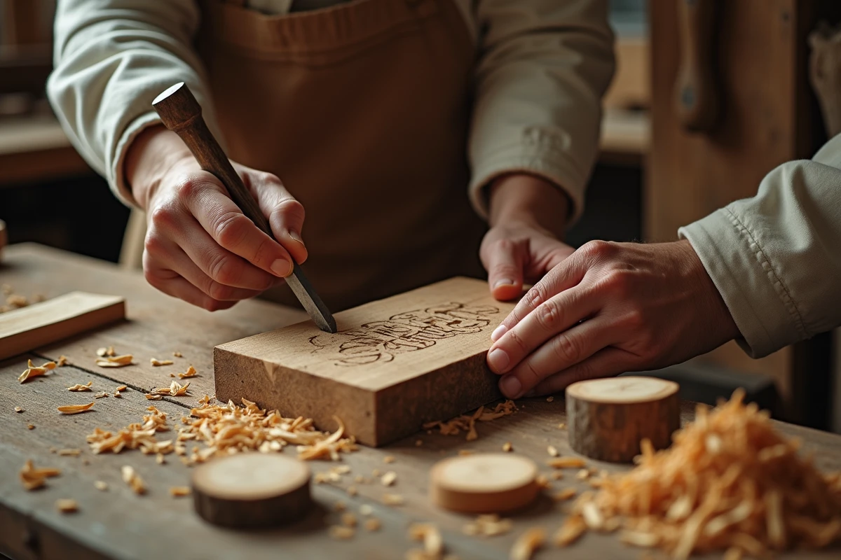 Artisane gravant des runes sur une planche en bois de chêne dans un atelier artisanal, détail des mains et de l'outil de sculpture
