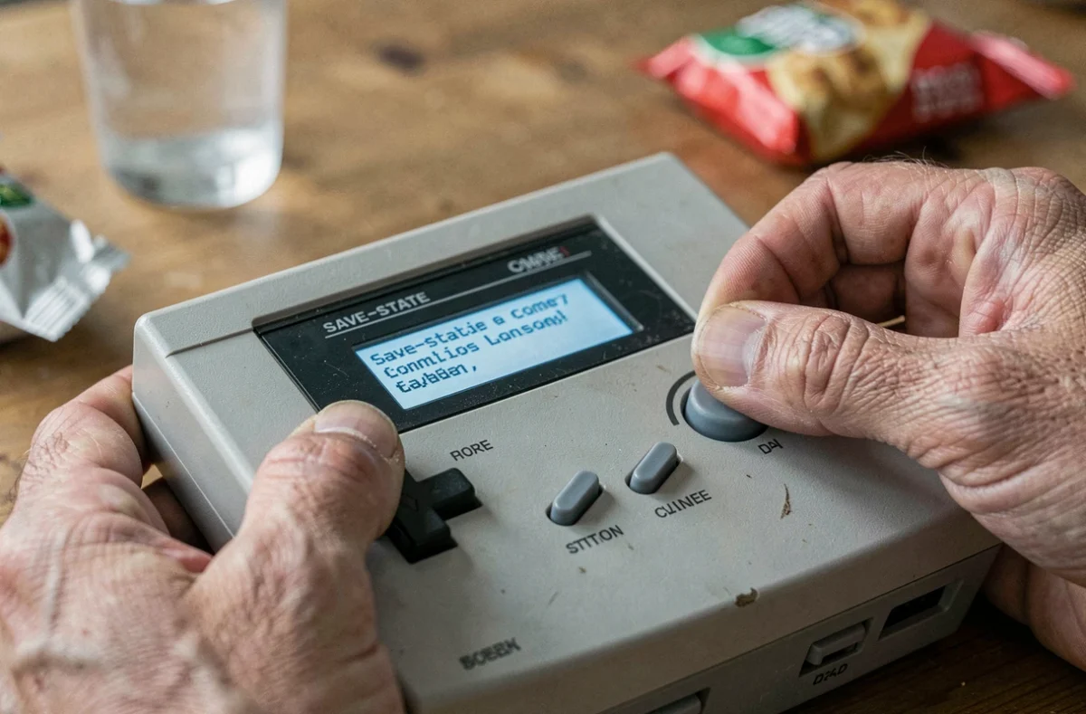 Gros plan de mains tenant une console rétro affichant un menu de sauvegarde instantanée de partie