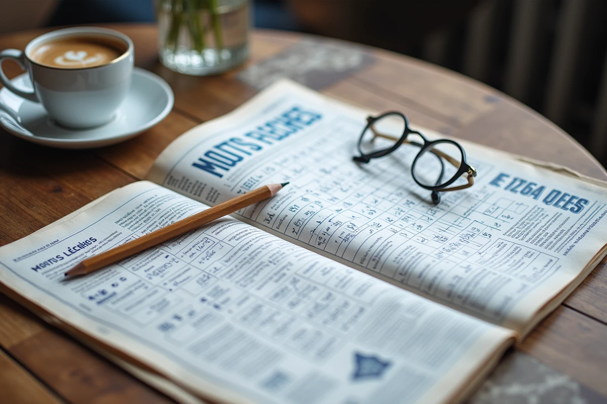 Gros plan sur une grille de mots fléchés partiellement complétée dans le magazine Jeux Ouest-France posé sur une table en bois