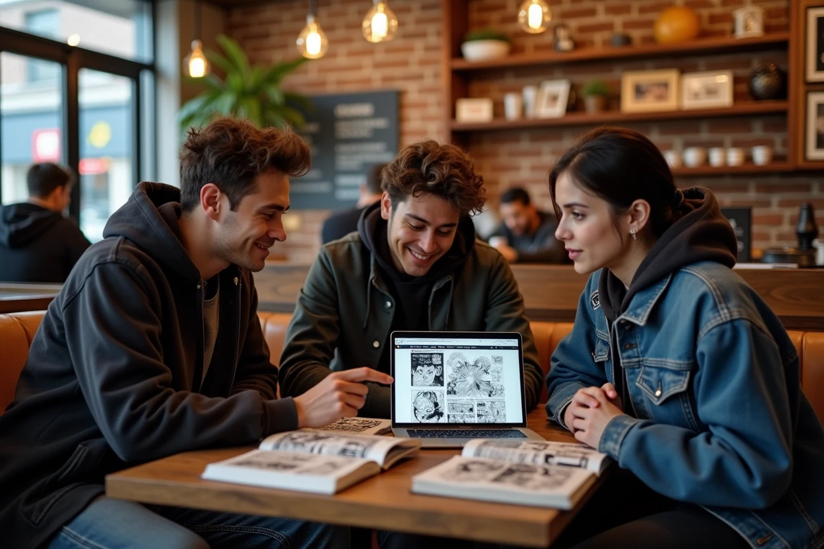 Groupe d'amis fans de manga discutant du scan One Piece 1138 dans un café autour de volumes ouverts