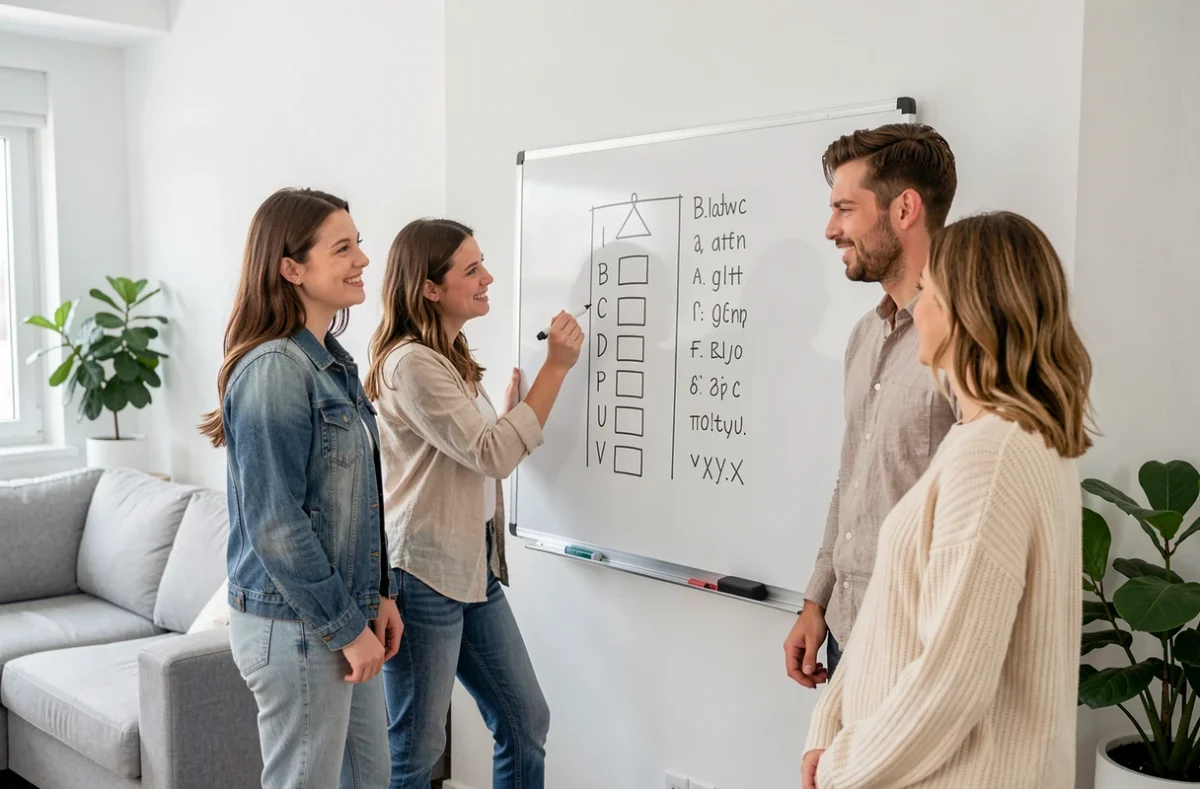 Groupe d'amis adultes jouant au pendu avec des mots experts sur un tableau blanc dans un salon moderne