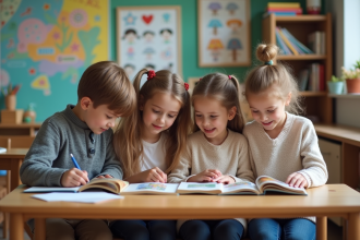 Enfants lisant attentivement en classe avec posters colorés