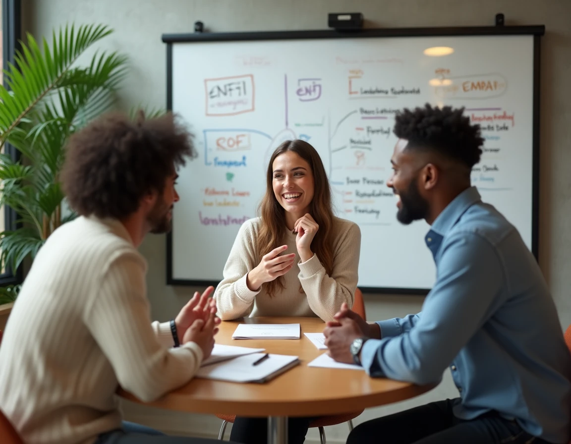 Groupe de trois adultes discutant des profils MBTI et du développement personnel autour d'une table dans un espace de coworking moderne