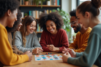 Jeunes adultes jouant à un jeu de société dans un espace convivial