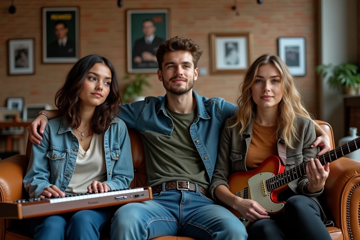 Trois jeunes musiciens dans un loft créatif