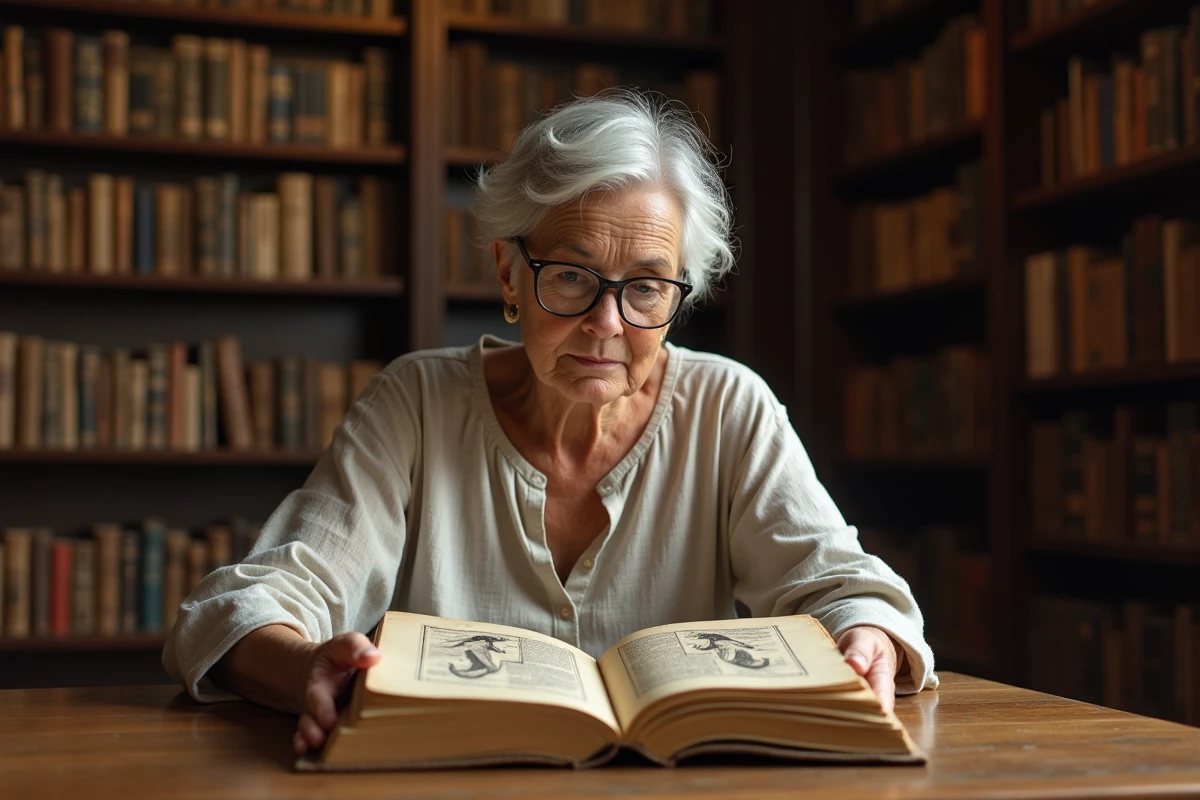 Historienne examinant un manuscrit illustré de la mythologie grecque avec des représentations de Gaïa dans une bibliothèque universitaire
