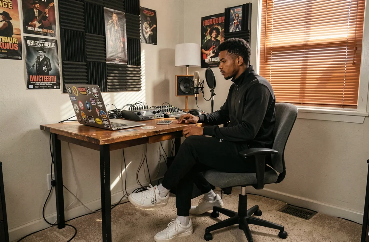 Jeune artiste rap enregistrant ses voix dans un home studio artisanal en Val-d'Oise avec micro USB et interface audio