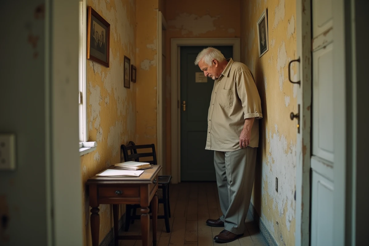 Homme âgé dans un couloir étroit d'appartement ancien, évoquant l'amenuisement des souvenirs et du temps qui passe