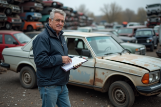 Homme d'âge moyen devant une voiture épave dans une casse auto