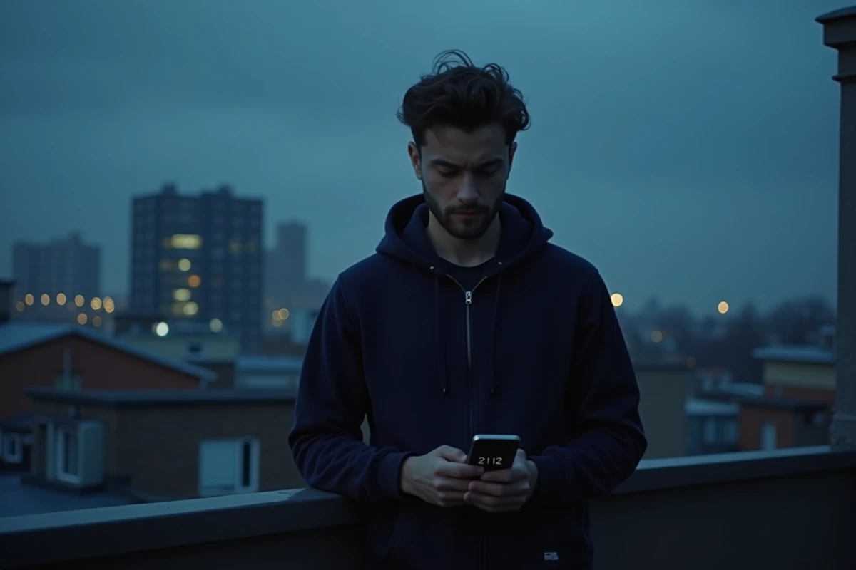 Homme seul sur un balcon urbain la nuit regardant son téléphone affichant 21h12, illustrant l'introspection amoureuse et les blocages intérieurs