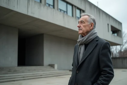 Homme pensif devant façade brutaliste en béton