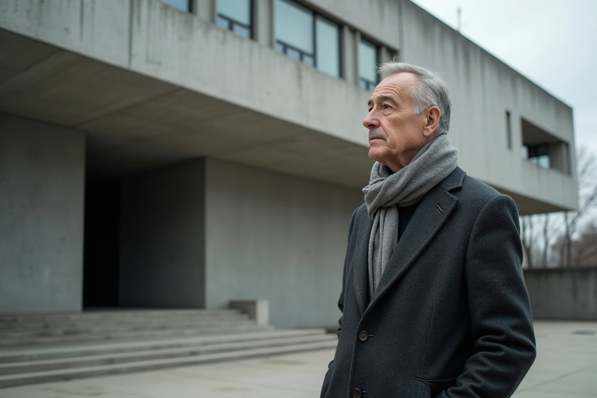 Homme pensif devant façade brutaliste en béton