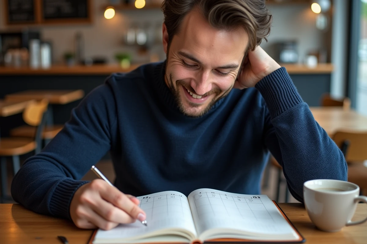 Homme collant un gabarit de calendrier trimestriel 2026 dans son bullet journal dans un café