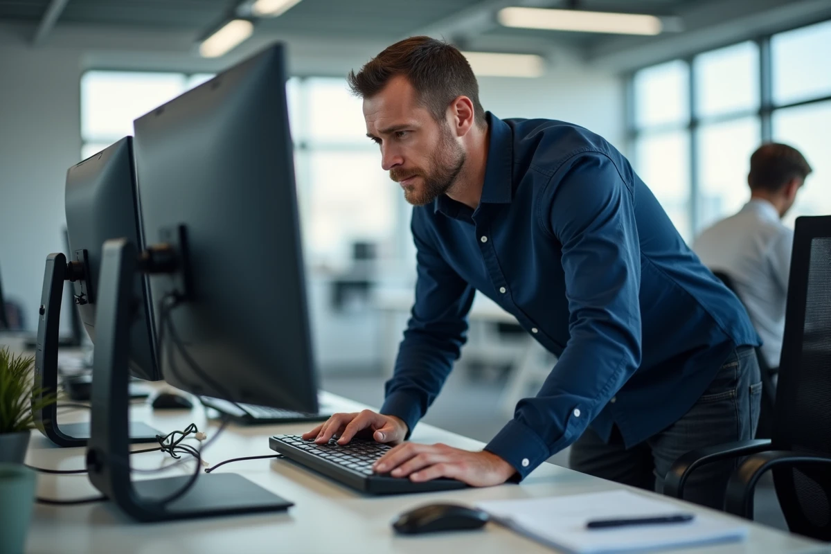 Homme au bureau cherchant comment taper un È majuscule accent grave sur clavier sans pavé numérique