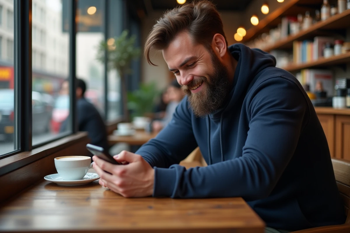 Homme au café découvrant un conseil pour CodyCross sur son téléphone