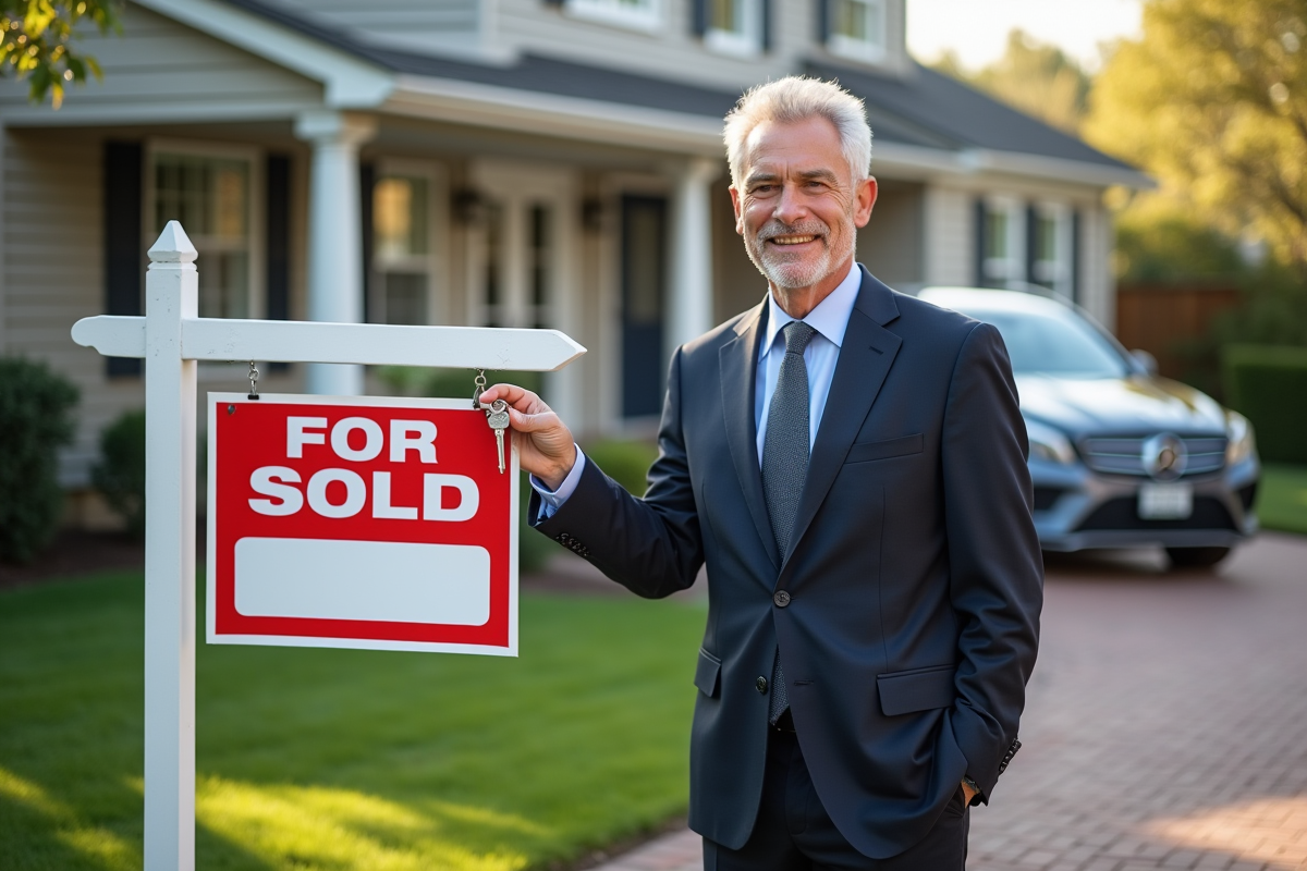 Homme d affaires tenant une clé devant une maison vendue en banlieue