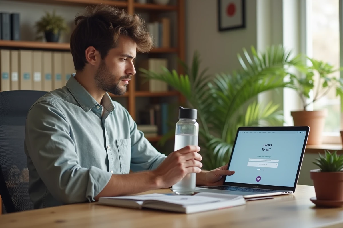 Homme utilisant un code promo Air Up sur son ordinateur portable dans un bureau à domicile moderne