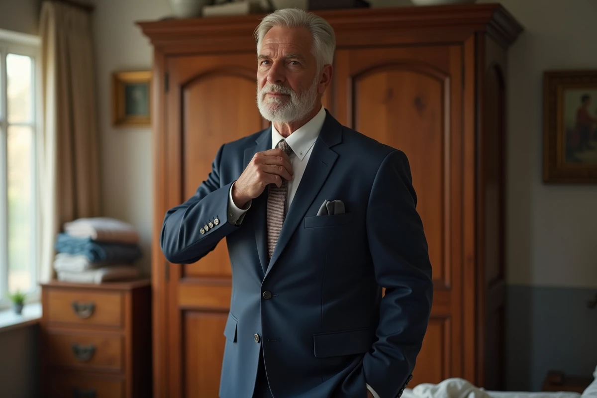 Homme d age en costume nouant sa cravate dans sa chambre