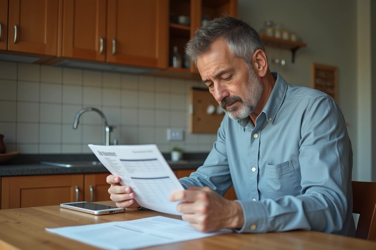 Homme à la maison vérifiant une checklist sur la table de cuisine