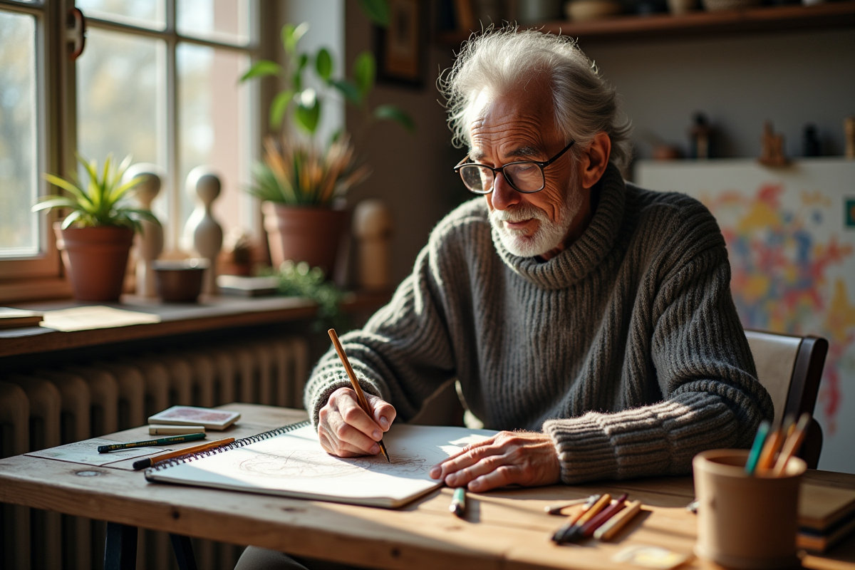 Homme âgé esquissant dans son atelier créatif lumineux