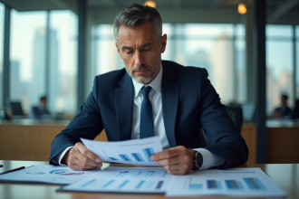 Homme d'affaires en costume bleu analyse des graphiques financiers