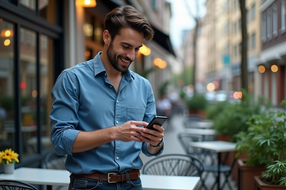 Homme décontracté utilisant une application fintech en extérieur