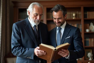 Homme français âgé en costume navy avec un jeune homme regardant un album