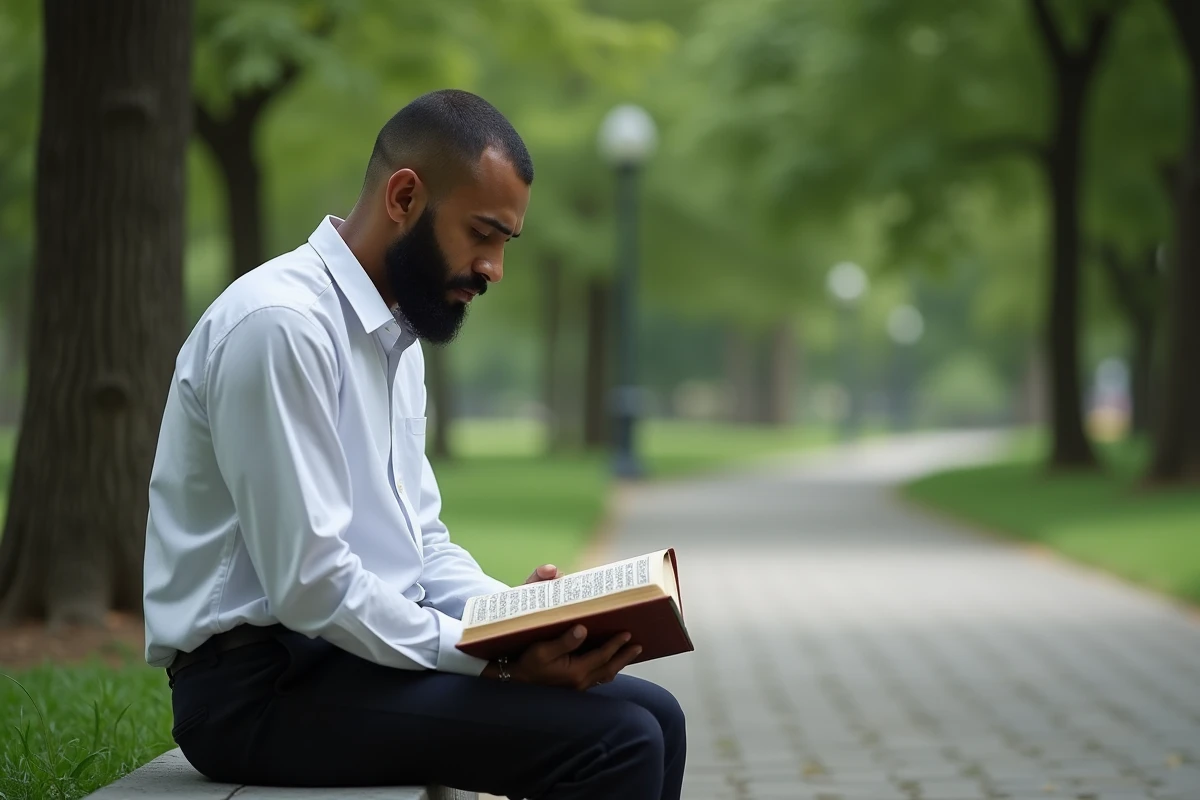 Homme méditant avec Quran dans un parc calme et verdoyant