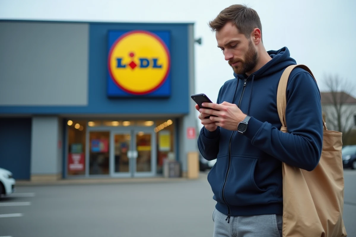 Homme consultant son téléphone devant l'entrée d'un Lidl en zone périurbaine