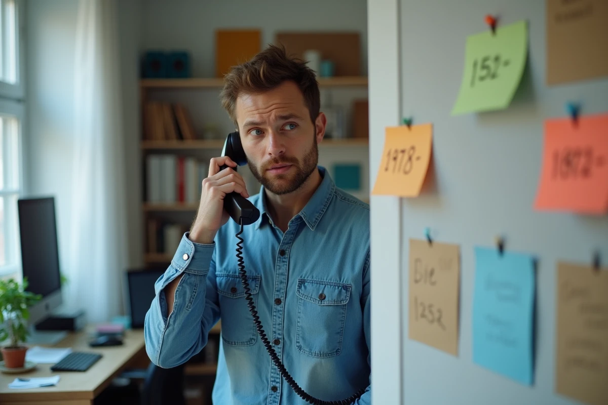 Homme consultant un mémo pour mémoriser le numéro du répondeur Free sur téléphone fixe