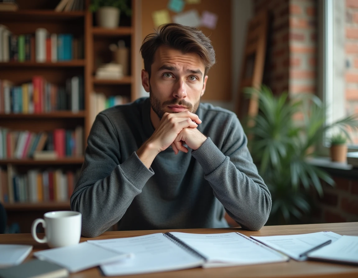 Homme introspectif prenant des notes sur son profil MBTI à son bureau avec des cahiers et des outils de développement personnel