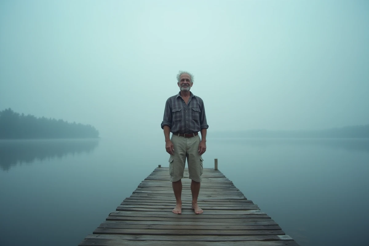 Homme âgé debout sur un ponton brumeux au bord d'un lac à l'aube, symbolisant la philosophie carpe diem et la conscience du temps qui passe