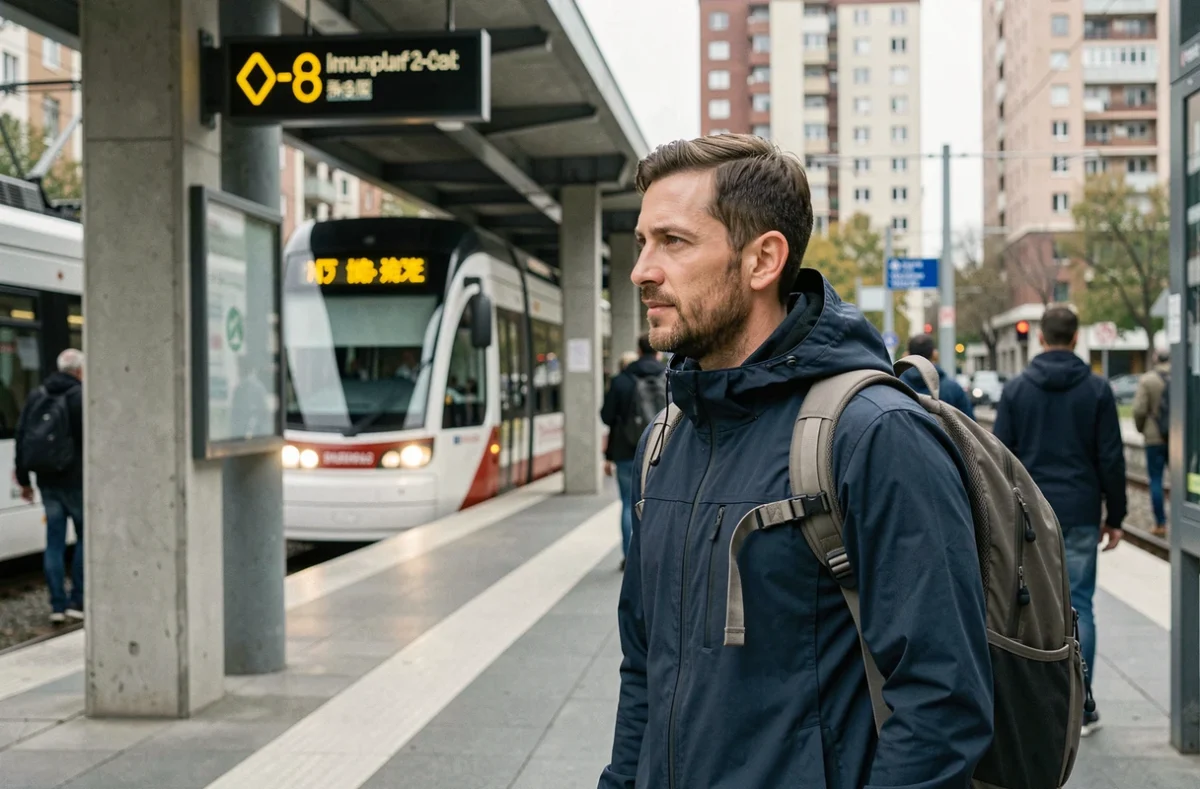 Homme attendant le tramway sur un quai urbain moderne, illustration des transports en commun comme solution à la pollution urbaine