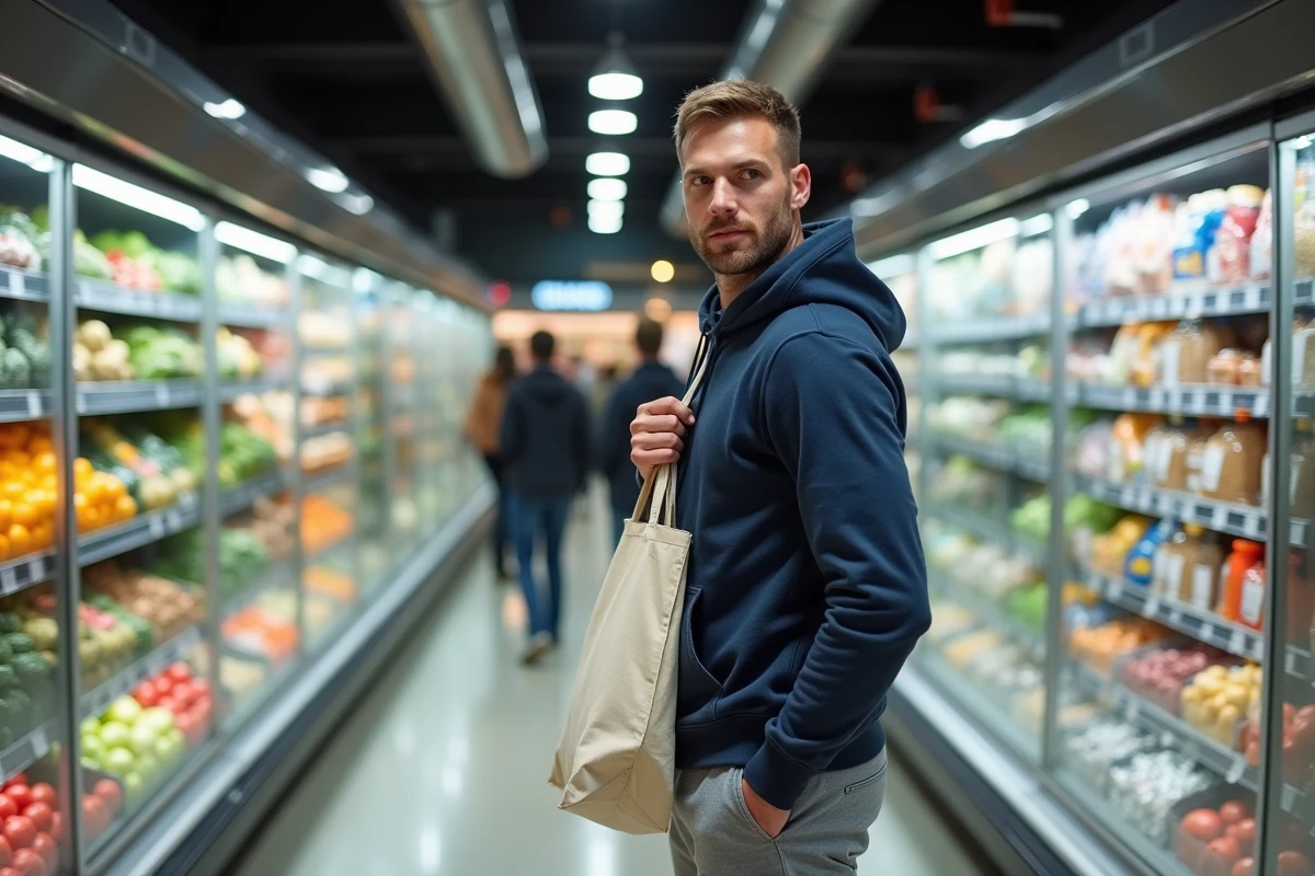 Homme faisant ses courses dans le rayon fruits et légumes d'un E.Leclerc ouvert le dimanche